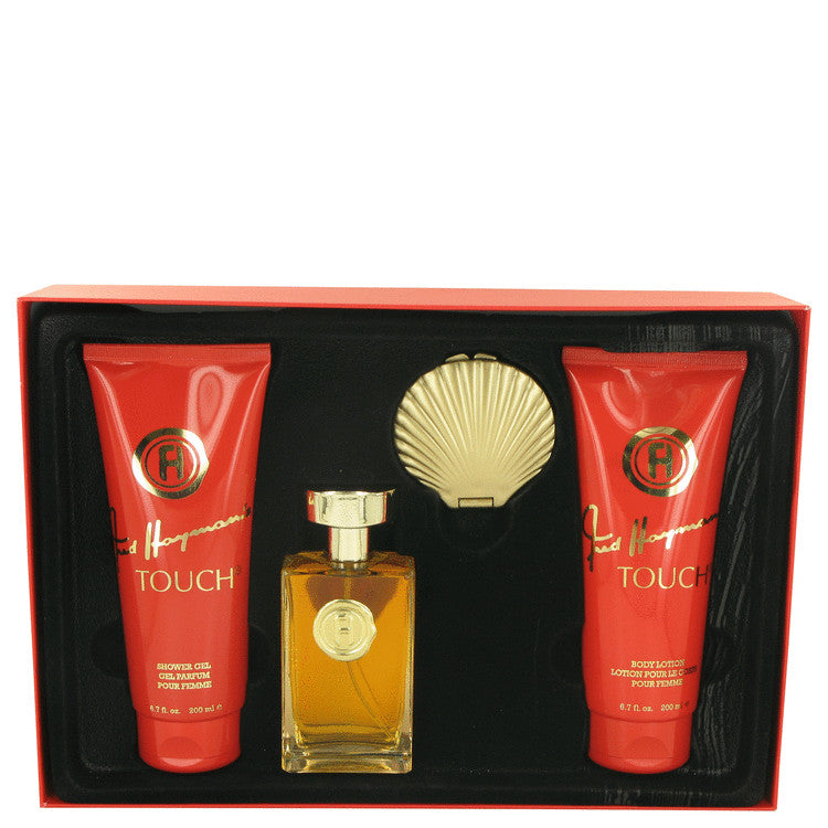 Touch by Fred Hayman Gift Set -- 3.4 oz Eau De Toilette Spray + 6.7 Body Lotion + 6.7 oz Shower Gel + Mirror for Women