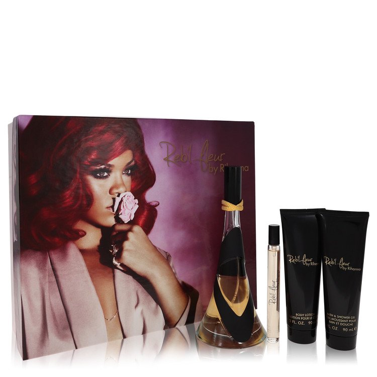 Reb'l Fleur by Rihanna Gift Set -- 3.4 oz Eau De Parfum Spray + 3 oz Body Lotion + 3 oz Shower Gel + .34 oz Mini EDP Spray for Women